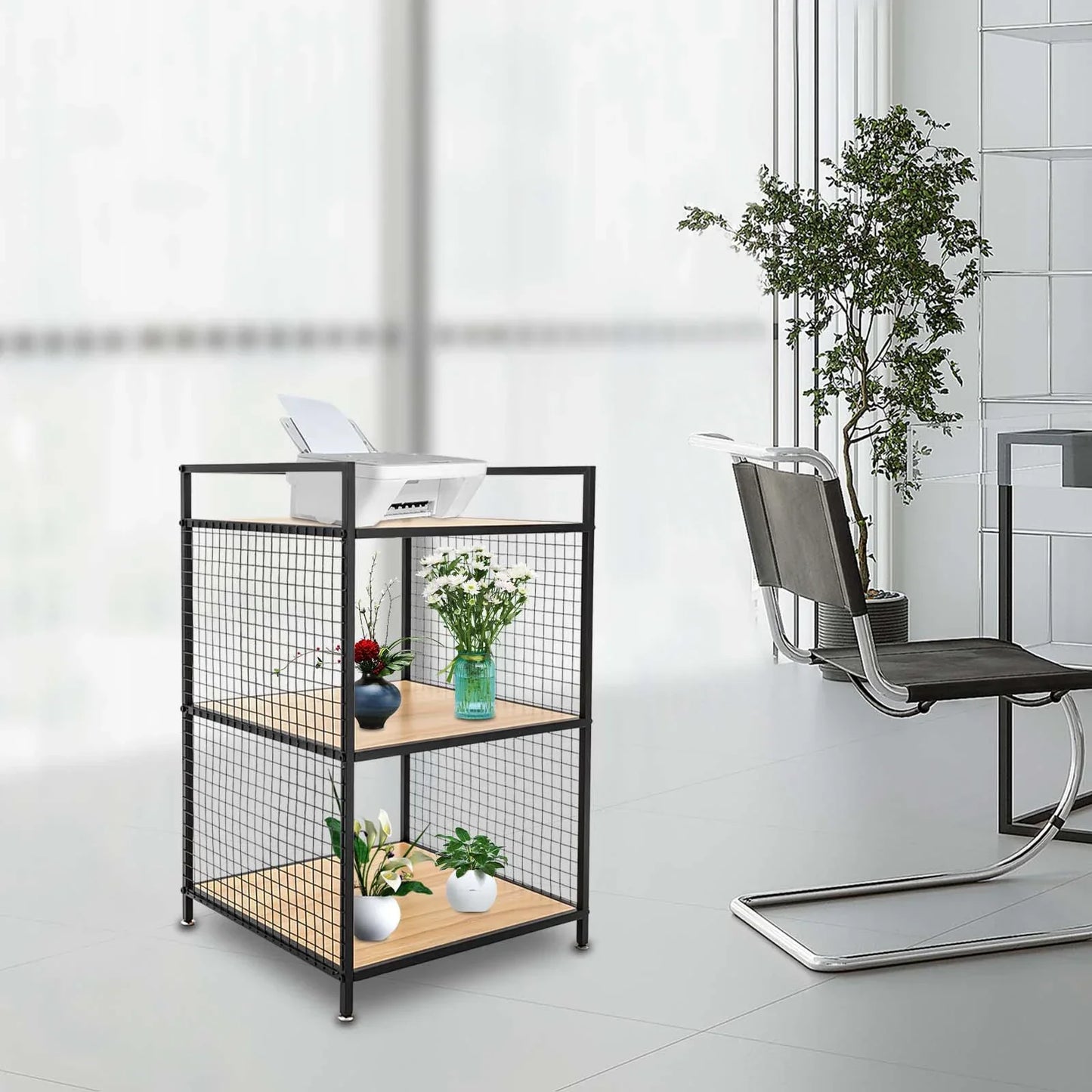 3-Tier Printer Stand Solid Wood & Iron, 44lbs Capacity, Space-Saving Design, Ideal for Office & Home Storage, Durable & Stylish