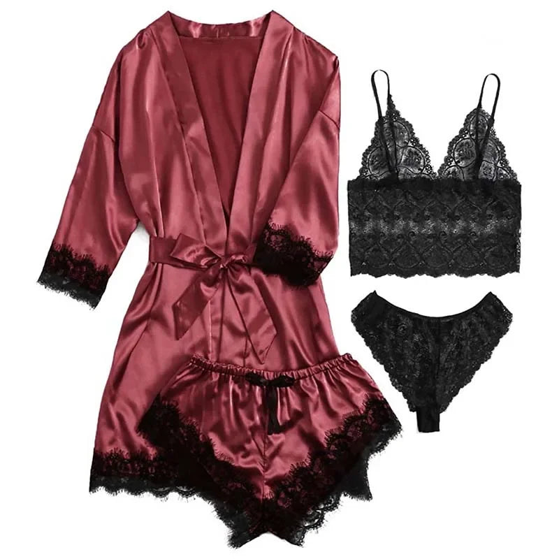 4 Pieces Woman Sleepwear Pajamas Ser With Robe Sexy Lace Lingerie Bathrobe Silk Satin Home Clothed Nightwear Robe - Premium Lingerie from Lizard Vigilante - Just $27.99! Shop now at Lizard Vigilante