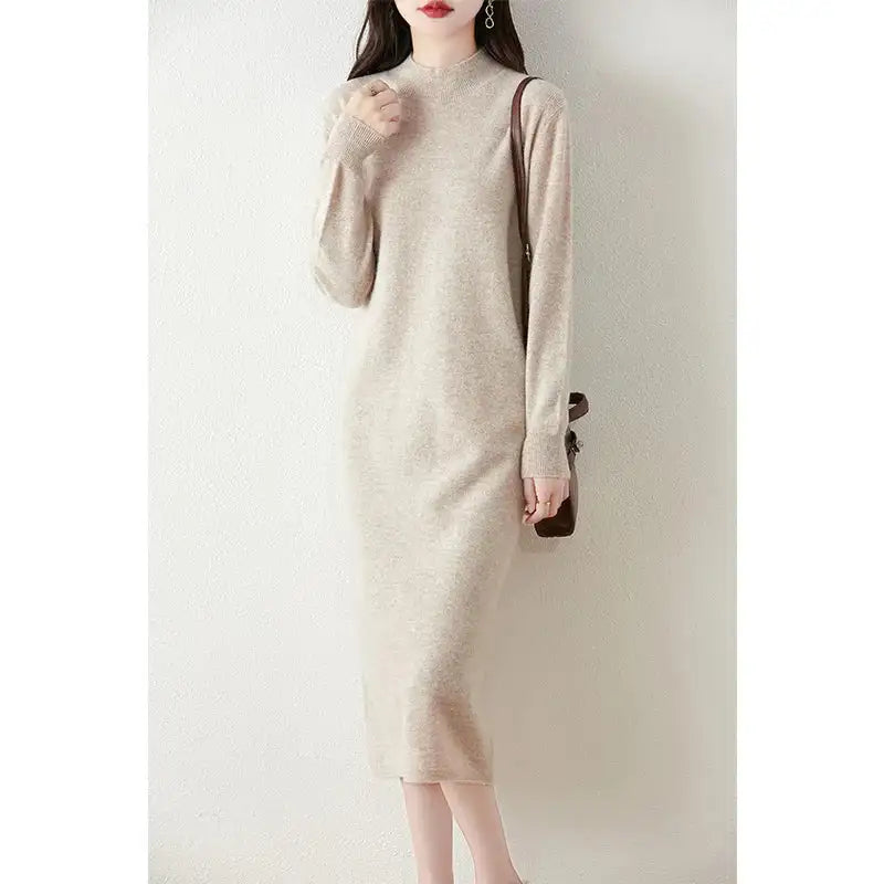 Autumn Winter Women's Wool Long Dress Cashmere Mock Neck Pullover Sweater 100% Merino Wool Soft Knitwear OL Simple Basic Dress