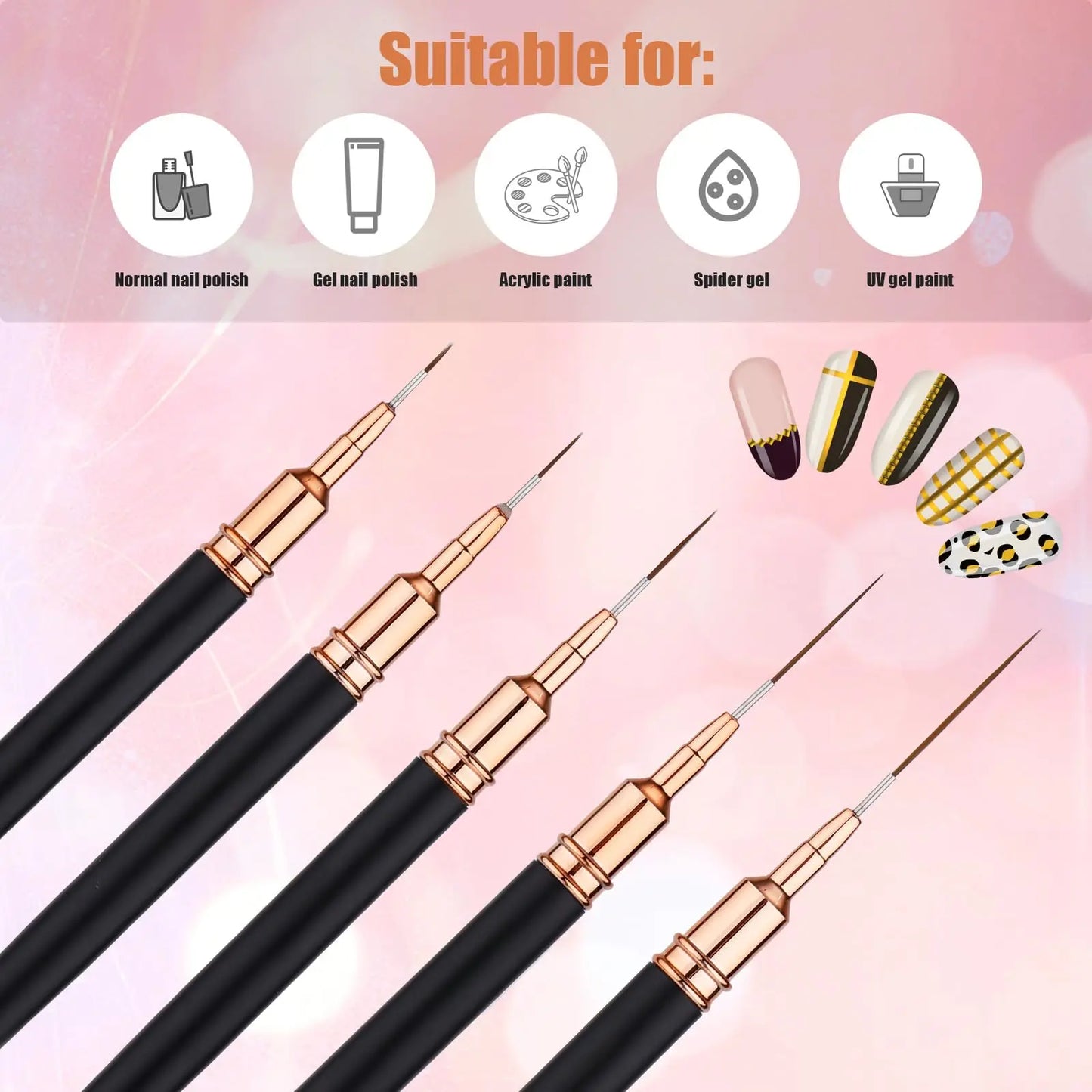 5Pcs Professional Nail Paint Liner Brush Set Small Polish Design Technique Fine Line Stripe Brushes for Nail Art Detailing