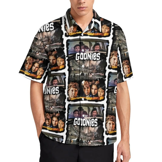 Retro Goonies Print Hawaiian Beach Shirt – 80s Classic Movie-Inspired Casual Button-Up for Men, Plus Size - Premium beach shirt from Lizard Vigilante - Just $26.88! Shop now at Lizard Vigilante