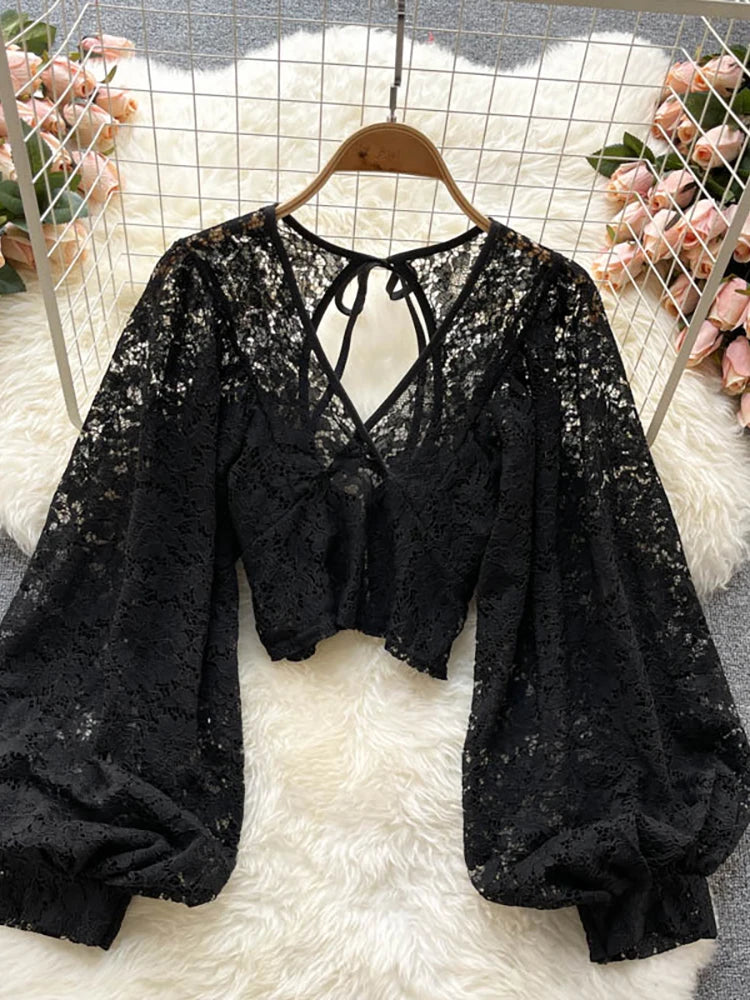 Elegant Lace V-Neck Blouse for Women – Sexy Puff Sleeve, Open Back Short Top, Autumn Party Blusas - Premium  from Lizard Vigilante - Just $42.88! Shop now at Lizard Vigilante