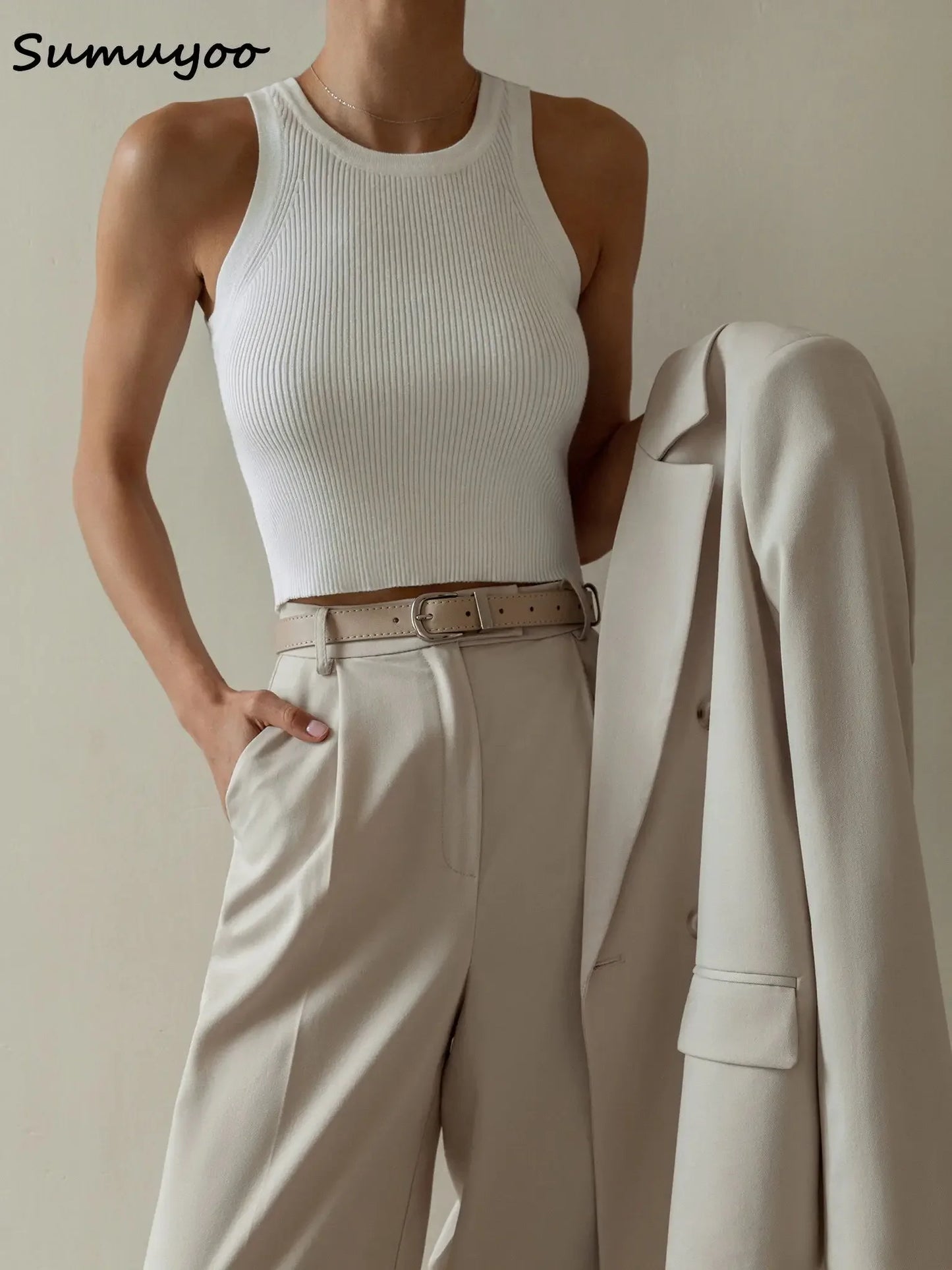 Sumuyoo Summer Knitted Tank Tops Women Casual Crop Tops Sexy Girls Suspender Vest O-neck OL Slim Ribber Sleeveless T Shirts - Premium  from Lizard Vigilante - Just $41.99! Shop now at Lizard Vigilante