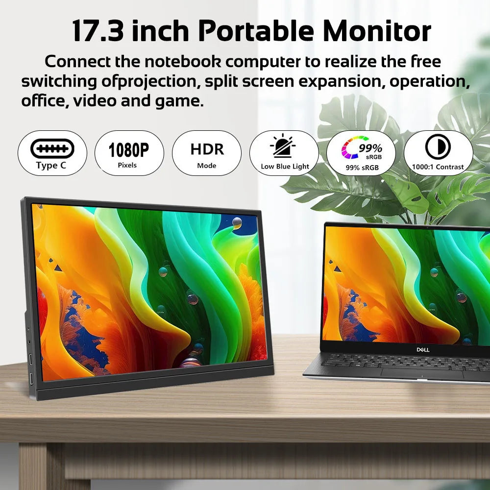 17.3Inch Portable Monitor External Display LCD Screen PC Gamer HDMI-compatible Switch Xbox PS4/PS5 Laptop Display Gaming Monitor