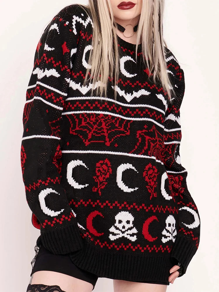 Yangelo Gothic Moon Skull Pattern Sweater – Women’s Knit Pullover for Autumn Winter Street Fashion - Premium pullover from Lizard Vigilante - Just $44.88! Shop now at Lizard Vigilante