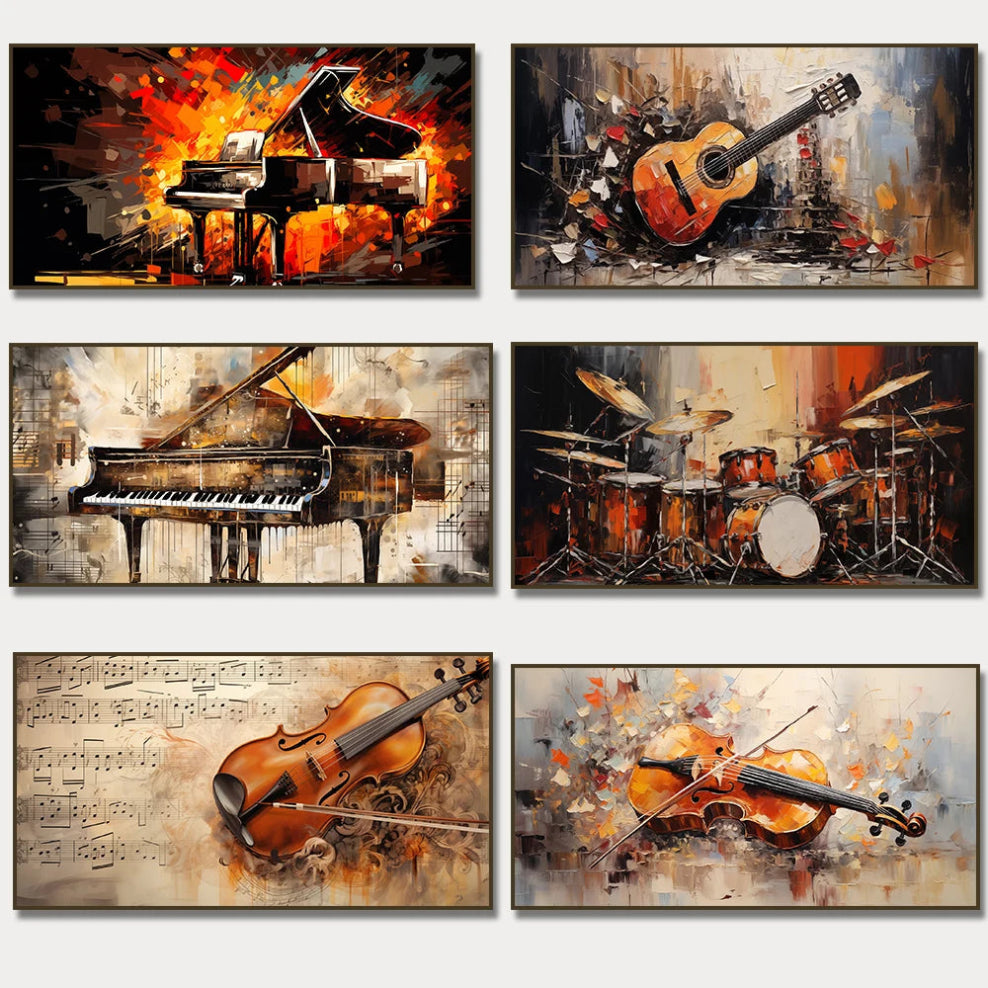 Set of six abstract paintings featuring musical instruments on a white background.