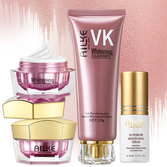 Set of skincare products with 'VK' and 'Ailke' branding on a pink background