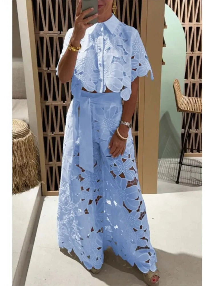 Sexy Lapel Single-breasted Shirt Top + Wide-leg Pants 2-piece Set Women Fashion Solid Color Elegant Casual Hollow Suit Female - Premium  from Lizard Vigilante - Just $62.99! Shop now at Lizard Vigilante