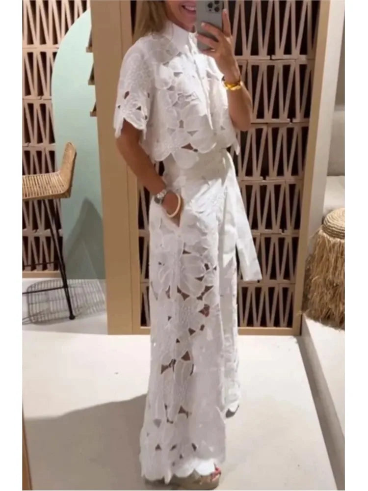 Sexy Lapel Single-breasted Shirt Top + Wide-leg Pants 2-piece Set Women Fashion Solid Color Elegant Casual Hollow Suit Female - Premium  from Lizard Vigilante - Just $62.99! Shop now at Lizard Vigilante