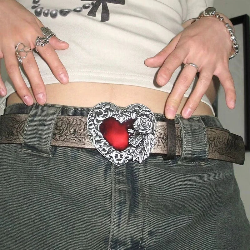 Gothic Punk Y2K Belt with Red Peach Heart Buckle – Women's Adjustable PU Leather Waist Strap for Jeans & Accessories - Premium  from Lizard Vigilante - Just $22.89! Shop now at Lizard Vigilante