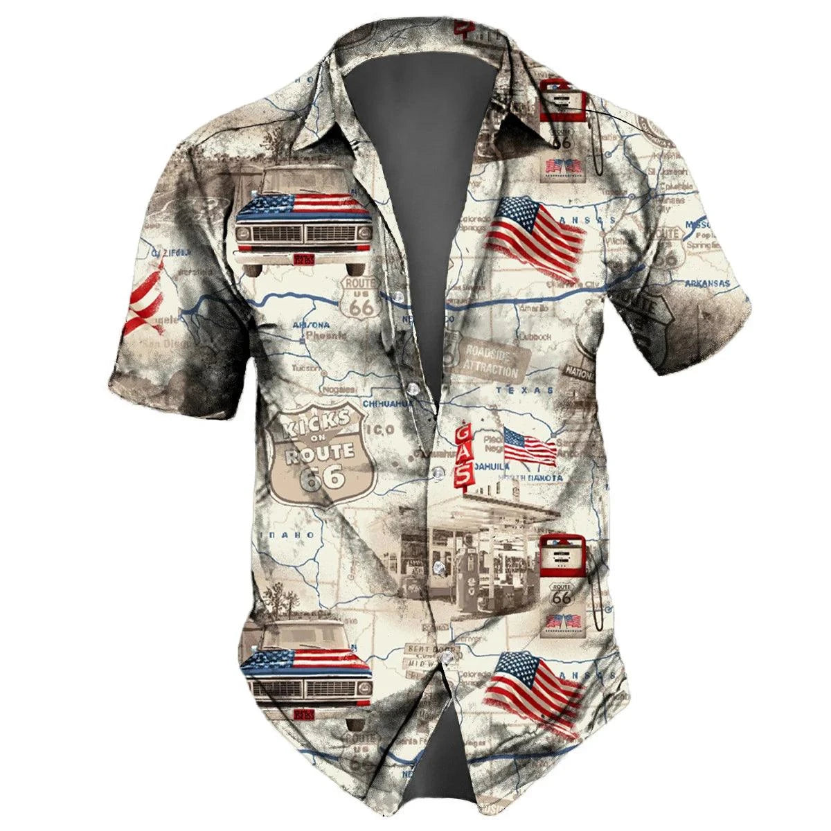 "U.S. Route 66 Retro Hawaiian Shirt" - 3D Fashion Short Sleeve Streetwear for Men - Premium hawaiian shirt from Lizard Vigilante - Just $26.66! Shop now at Lizard Vigilante