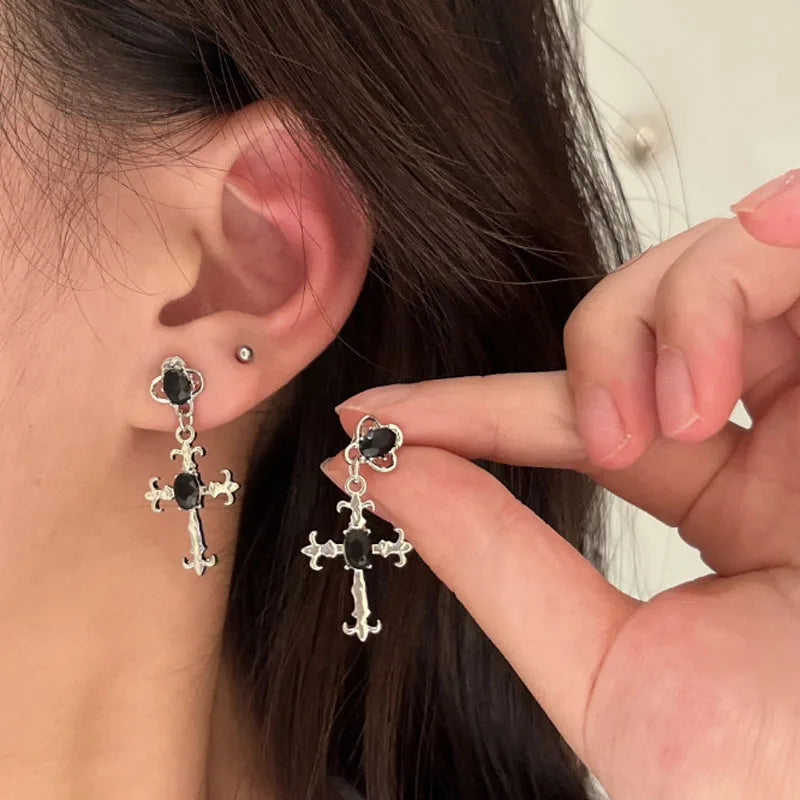 Gothic Cross Black Drill Drop Earrings – Punk Halloween Jewelry for Women - Premium earrings from Lizard Vigilante - Just $19.88! Shop now at Lizard Vigilante