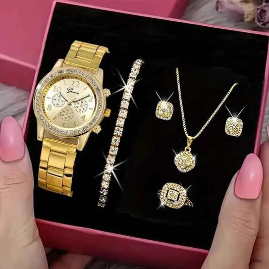 Elegant Luxury Gold Watch : Jewelry Set (5PCS)