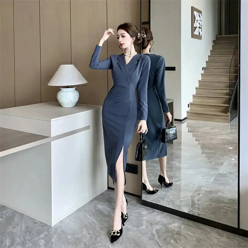 Women Pink Pleated Bodycon Formal Long Dress Autumn Winter Long Sleeve Chic Suit Dress 2025 Korean Fashion Elegant Party Dresses