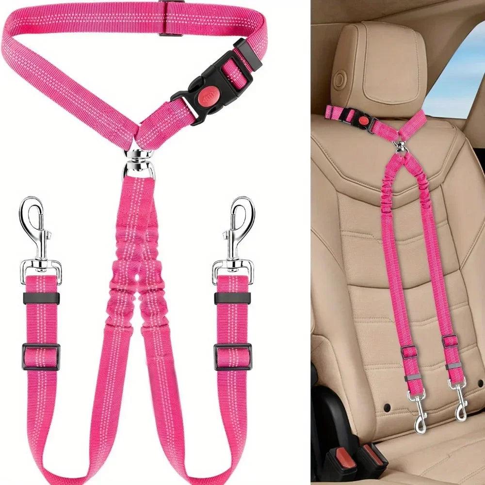 Double Dog Safety Belt: Adjustable Car Headrest Restraint & Splitter Harness for 2 Dogs - Elastic Travel Seatbelt - Premium dog sseat belt from Lizard Vigilante - Just $18.69! Shop now at Lizard Vigilante