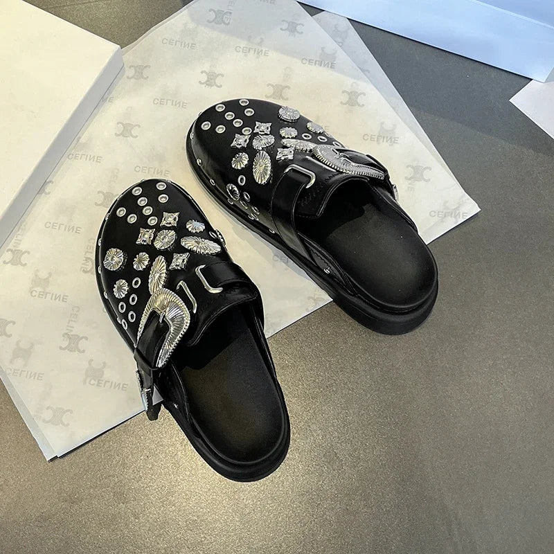 2024 MODX Women’s Punk Rock Leather Mules with Rivets – Platform Casual Slides for Creative Style and Comfort - Premium slippers from Lizard Vigilante - Just $53.88! Shop now at Lizard Vigilante