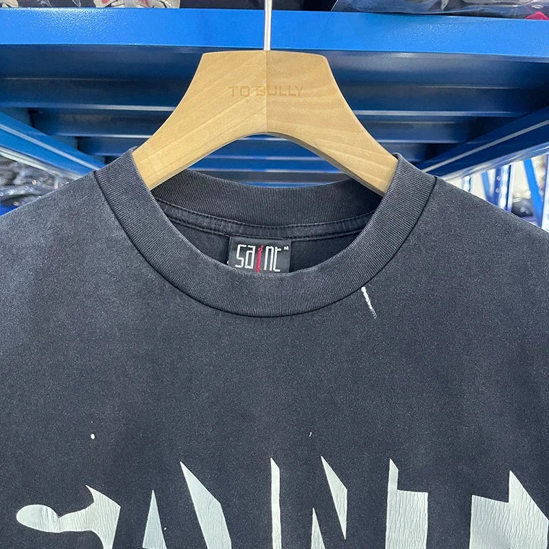Men Women High Street Vintage Washed Black T-Shirt Top Quality Cototn TEE 3D Cracked Letters Logo Print Saint T Shirt With Tags - Premium  from Lizard Vigilante - Just $64.99! Shop now at Lizard Vigilante