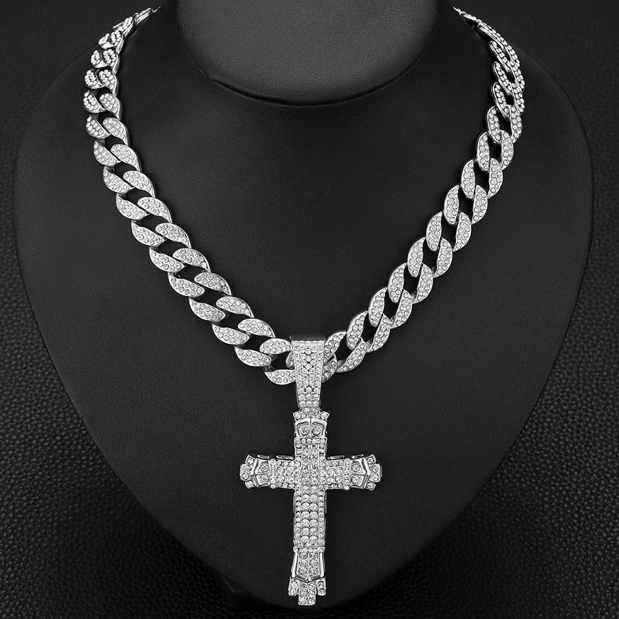 Rap Cross Pendant Necklace | Rhinestone Hip-Hop Jewelry | Unisex Gold and Silver Chains - Premium Necklace from Lizard Vigilante - Just $15.99! Shop now at Lizard Vigilante