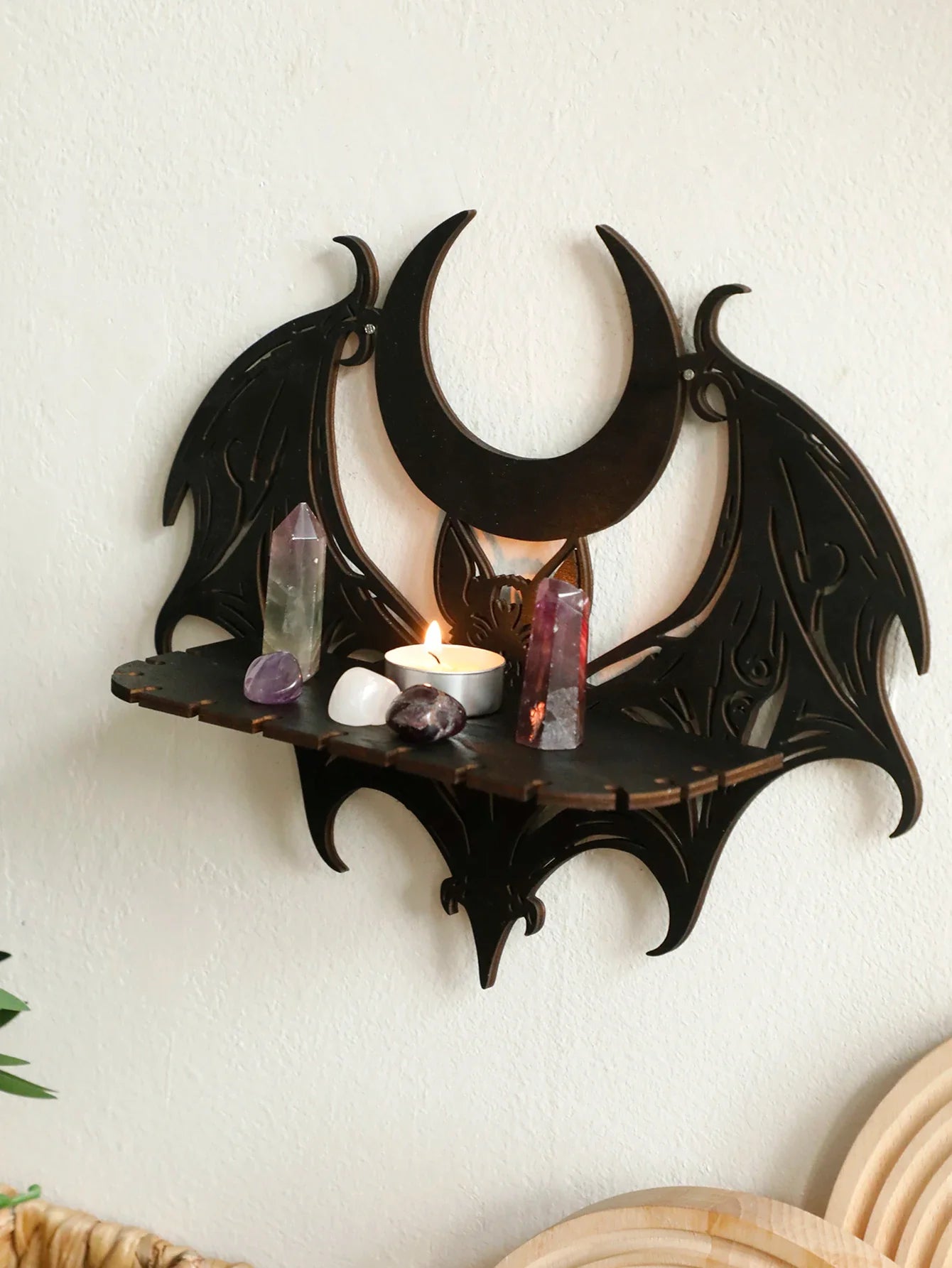 Black Halloween Wooden Wall Shelf Gothic Bat Moon Hollow Pattern Floating Shelf Crystal Holder Goth Home Decor Witch Room Decor