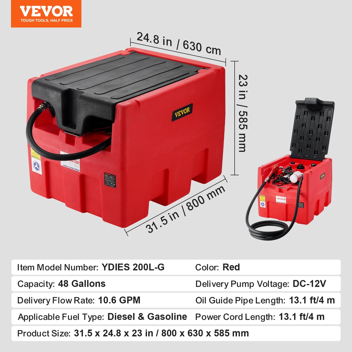 VEVOR 48 Gallon Portable Diesel Fuel Tank with 12V Electric Pump – 10.6GPM Flow Rate & 13.1ft Hose – Gasoline & Diesel Fuel Transfer Tank for Ultimate Fuel Mobility - Premium pump from Lizard Vigilante - Just $1211.08! Shop now at Lizard Vigilante