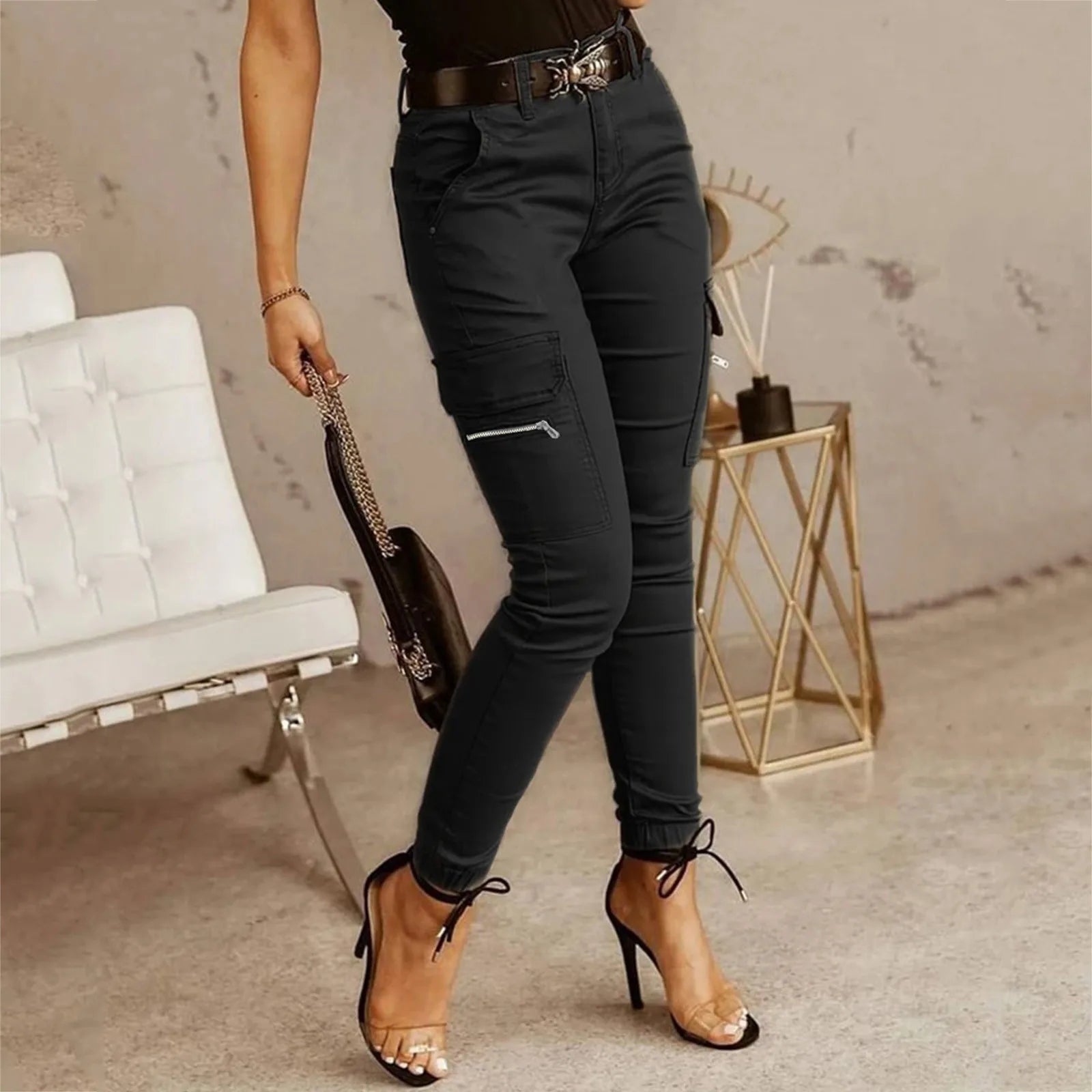 Women's Plus Size High-Waist Cargo Pants – Solid Zipper Pocket Design, Full-Length Casual Wide-Leg Pants for Everyday Comfort - Premium cargo pants from Lizard Vigilante - Just $38.88! Shop now at Lizard Vigilante