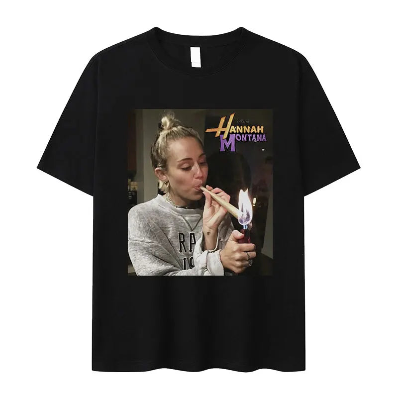 Miley Cyrus Funny Smoking Graphic T-Shirt | Hannah Montana Vintage Aesthetic Men’s & Women’s Casual Oversized Cotton Tee - Premium T-Shirt from Lizard Vigilante - Just $26.66! Shop now at Lizard Vigilante