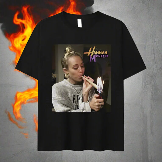 Miley Cyrus Funny Smoking Graphic T-Shirt | Hannah Montana Vintage Aesthetic Men’s & Women’s Casual Oversized Cotton Tee - Premium T-Shirt from Lizard Vigilante - Just $26.66! Shop now at Lizard Vigilante