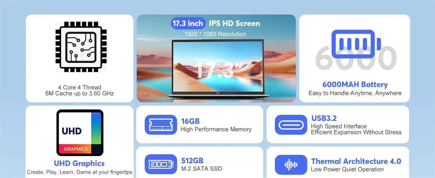 ACEMAGIC Laptop 17.3'' FHD Intel Alder Lake N97 up to 3.6GHz 16GB DDR4 512GB SSD with Windows 11