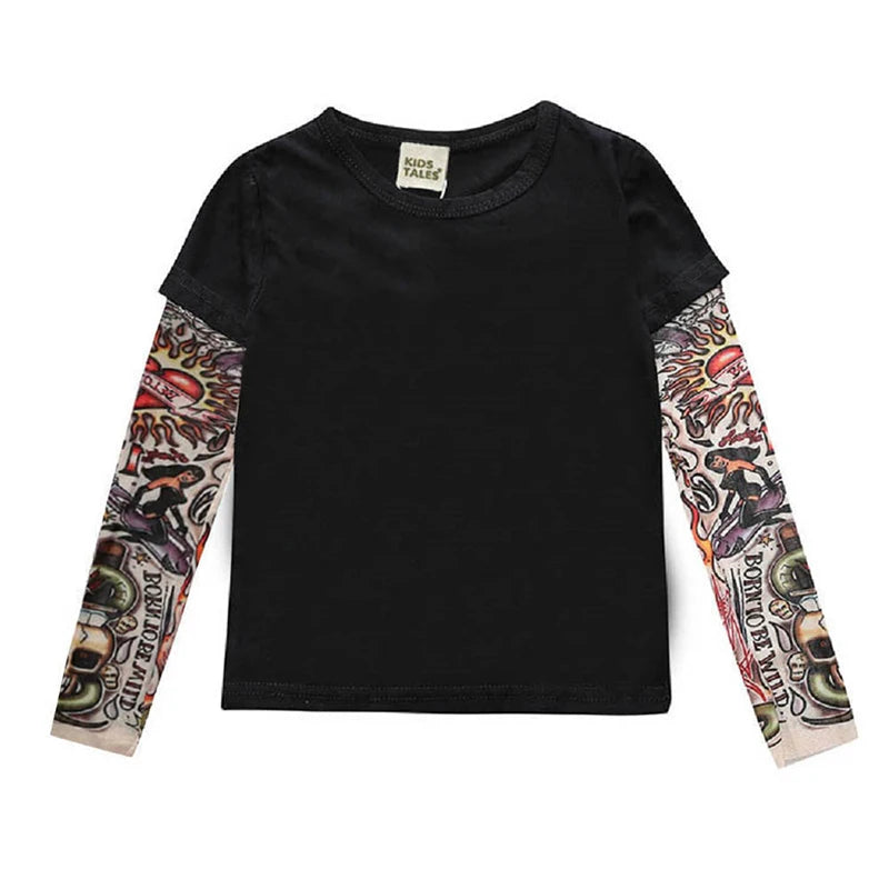 Little Rebel Inked Long Sleeve Tee – punk rock tattoo-print cotton top for future stage legends