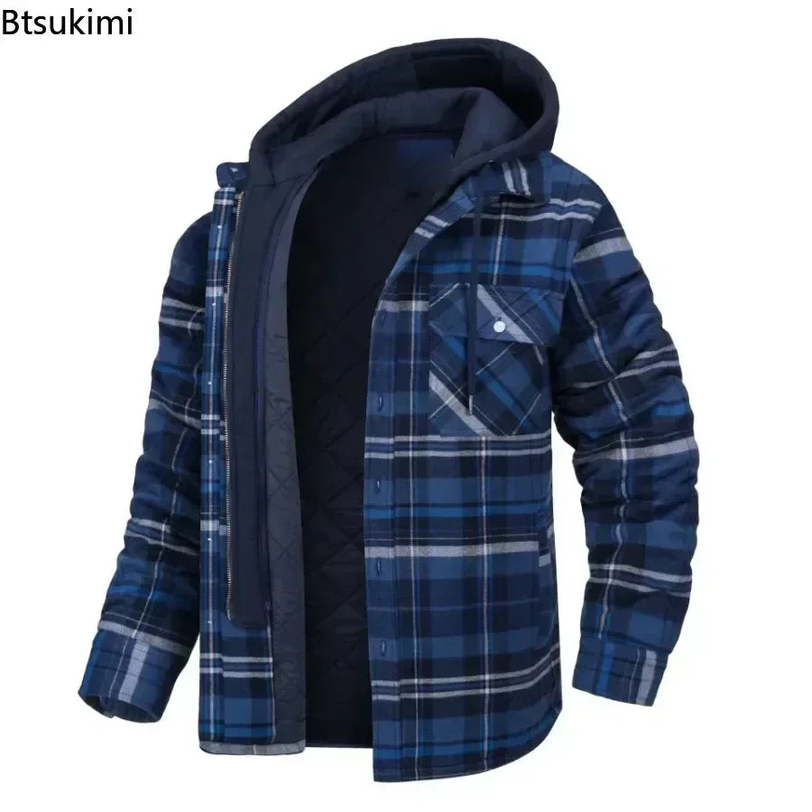 2024 Men's Winter Hooded Jacket – Warm, Thick Cotton Casual Coat with Detachable Hood & Plaid Design for Autumn & Winter - Premium  from Lizard Vigilante - Just $53.88! Shop now at Lizard Vigilante