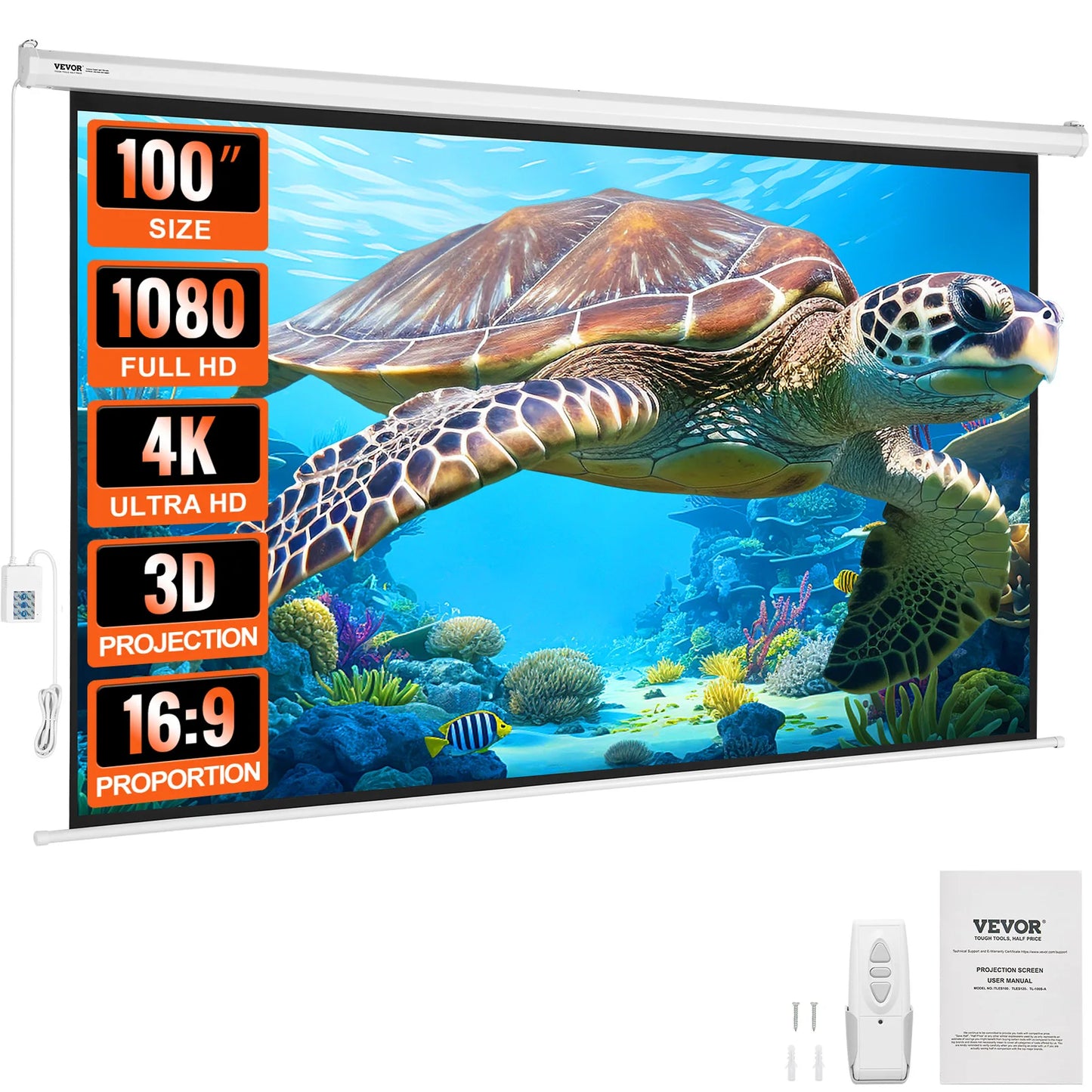 VEVOR Electric Motorized Projector Screen 100/120 inch 16:9 4K 1080 HD Wall Mount Movie Screen for Family Home Office Theater - Premium  from Lizard Vigilante - Just $339.99! Shop now at Lizard Vigilante