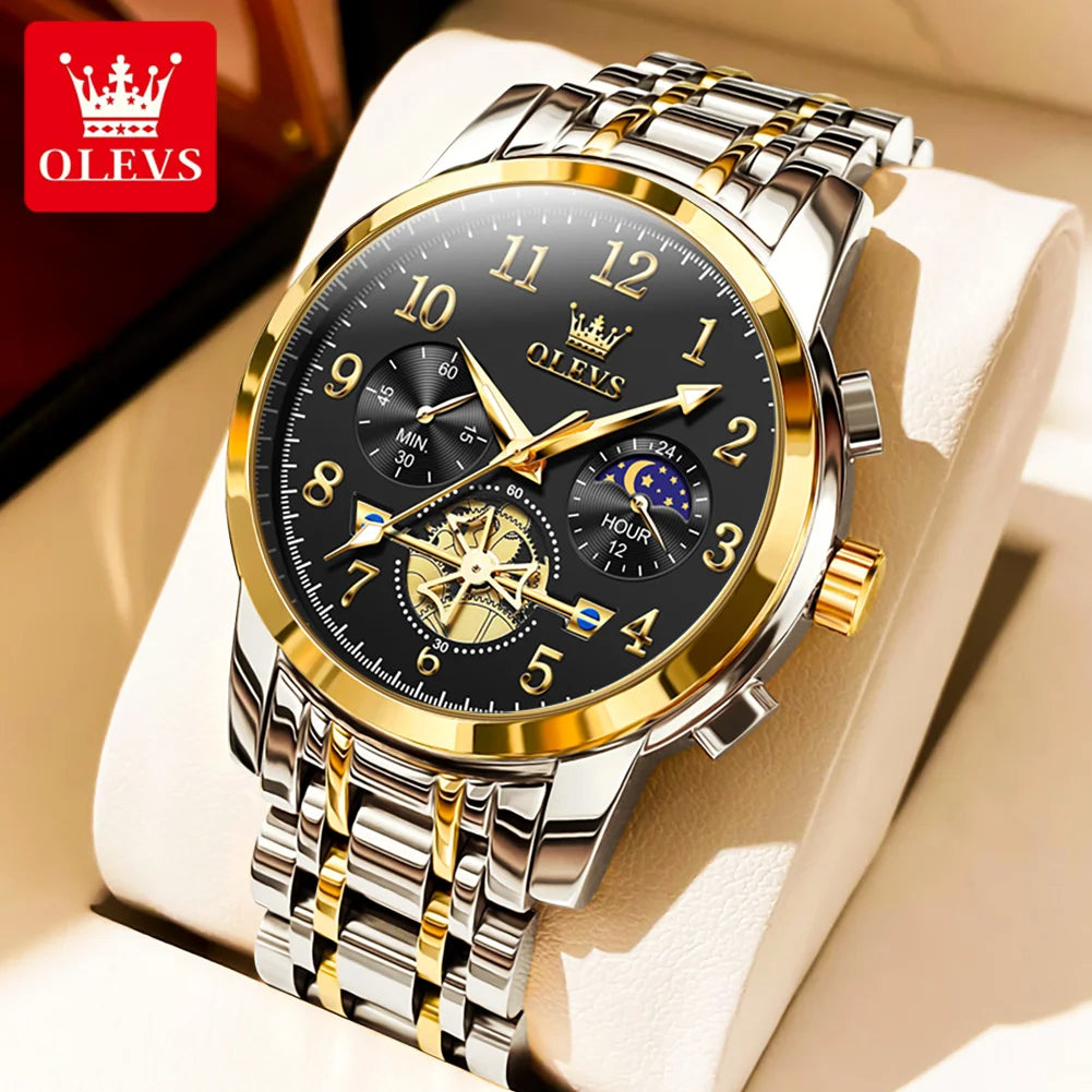 OLEVS New Flywheel Design Luxury Couple Watch Waterproof Moon Phase Chronograph Brand Original Quartz Wrist Watch for Men Women - Premium  from Lizard Vigilante - Just $50.99! Shop now at Lizard Vigilante