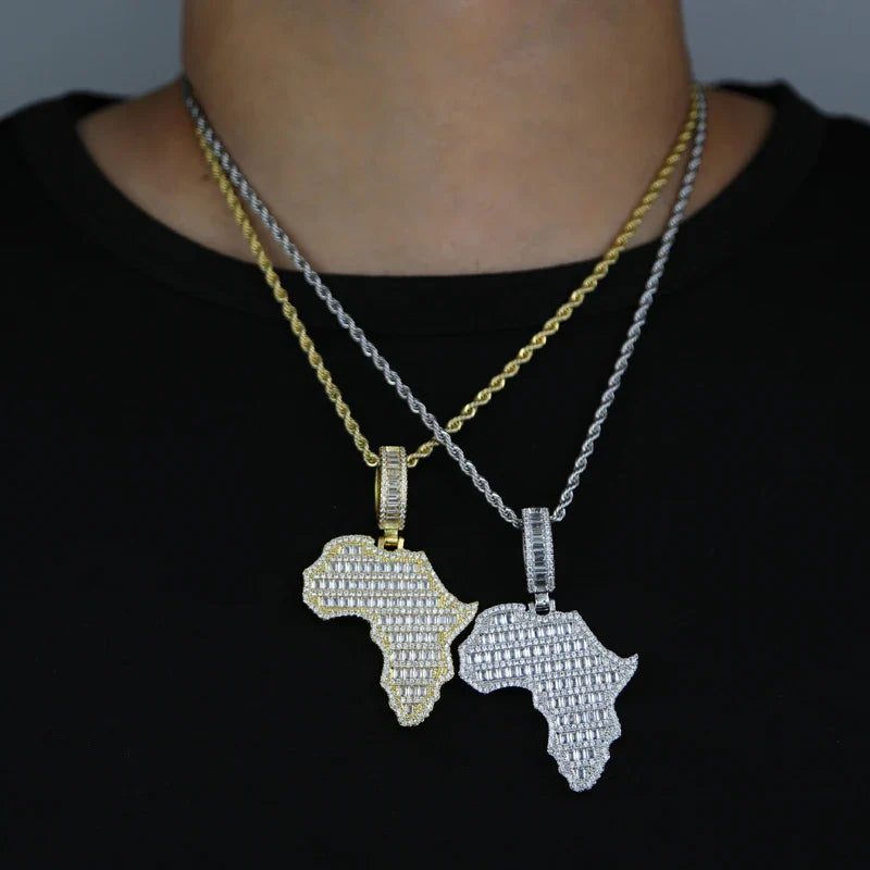 New Arrive Rectangle Cubic Zirconia CZ Paved Bling Africa Map Shaped Pendant Necklace Hip Hop Men Boy Cool Meaning Jewelry