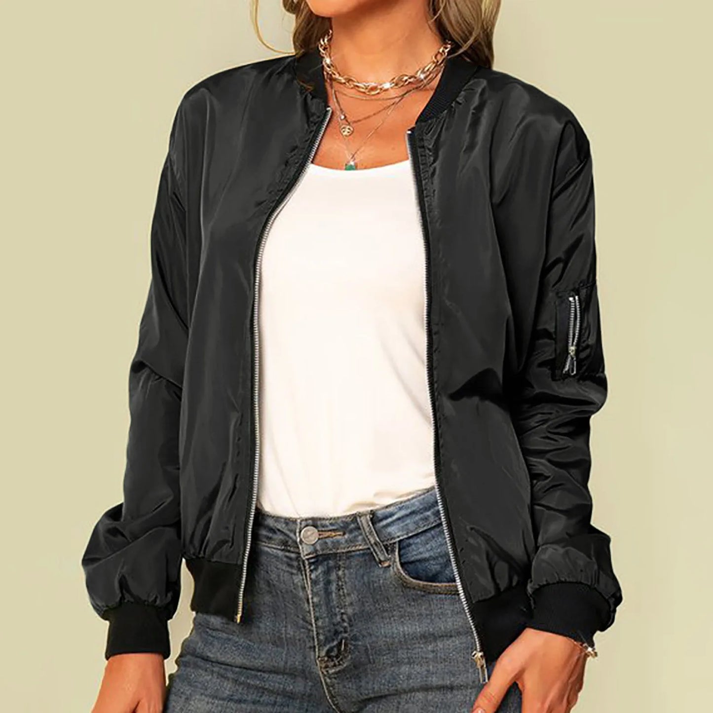 Women's Solid Color Bomber Jacket - Casual Long Sleeve Coat - Premium jackets from Lizard Vigilante - Just $29.99! Shop now at Lizard Vigilante