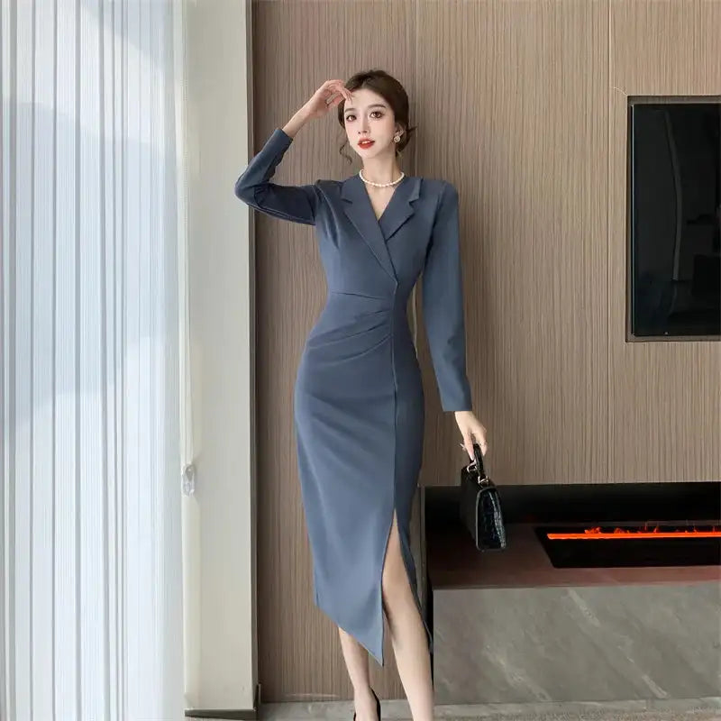 Women Pink Pleated Bodycon Formal Long Dress Autumn Winter Long Sleeve Chic Suit Dress 2025 Korean Fashion Elegant Party Dresses