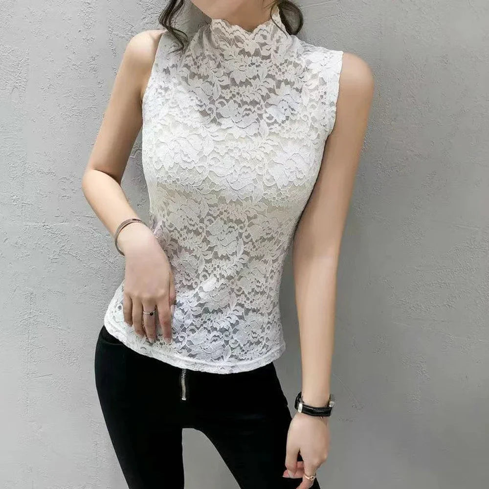 Women Stretch Turtleneck Petal Sleeve Shirt Women Blue Green White Black Flowers Lace T Shirt Ladies S-2XL Tops Fashion Ladies - Premium  from Lizard Vigilante - Just $6.99! Shop now at Lizard Vigilante