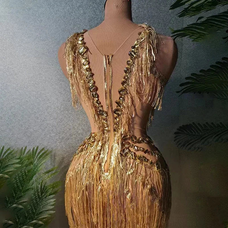 Sparkling Gold Rhinestone & Tassel Dance Jumpsuit – Glamorous Rave, Gogo, Queen Stage Costume - Premium costume from Lizard Vigilante - Just $188.88! Shop now at Lizard Vigilante