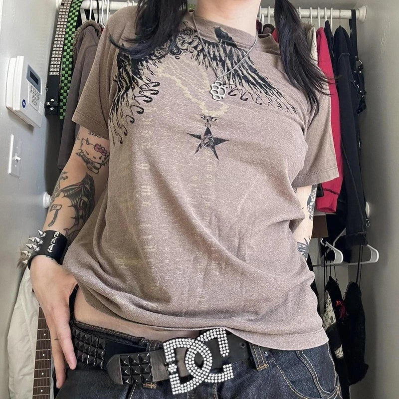 2000s Aesthetic Mall Goth E-girl Gothic T-shirt Retro Y2K Grunge Skull Wing Crop Tops Indie Graphic Print Short Sleeve Tee Women - Premium T-Shirt from Lizard Vigilante - Just $29.99! Shop now at Lizard Vigilante