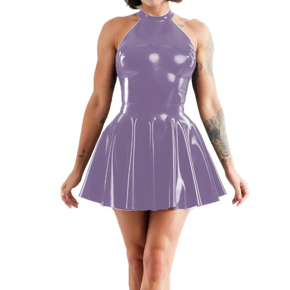 Shiny Sleeveless A-Line Pleated Mini Dress Halter Neck Skater Wet PVC Leather Swing Skirt Dress Latex-look Clubwear - Lizard Vigilante