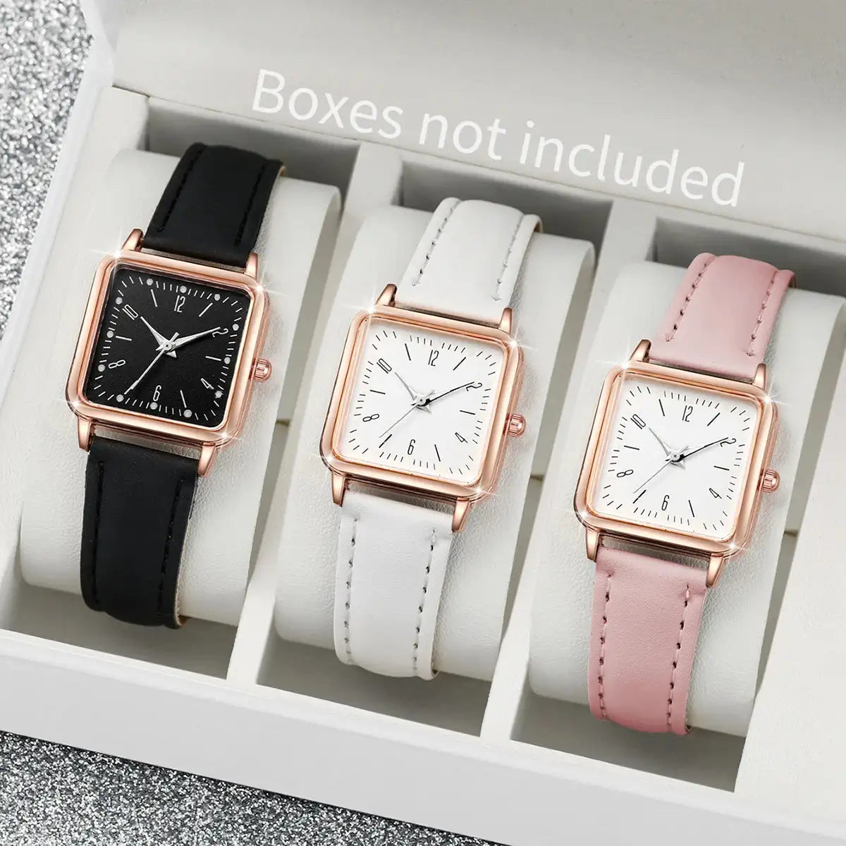 3PCs/Set Women's Fashion Watch Square Simple Dial Leather Quartz Watch Set