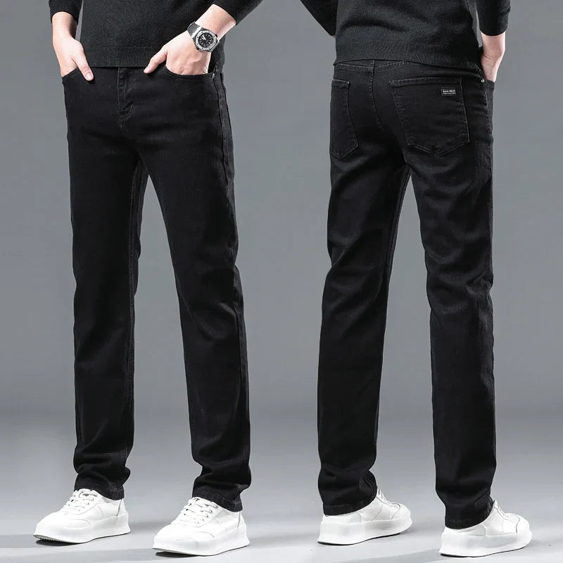 2024 New Winter Pure Black Fleece Thick Warm Jeans Men's loose Straight Elastic Denim Pants classics Casual Plush Trousers