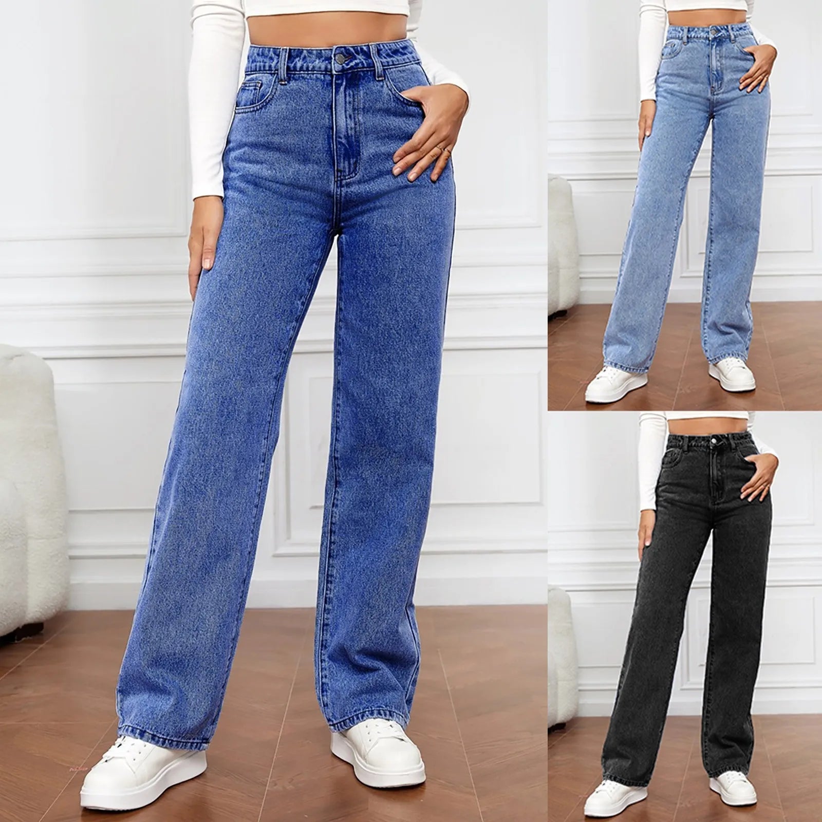 Women Fashion Straight Leg Jeans Loose Button Pocket Washed Denim Pants High Waist Stretchy Denim Trousers 2024 Female Clothes - Premium  from Lizard Vigilante - Just $30.99! Shop now at Lizard Vigilante