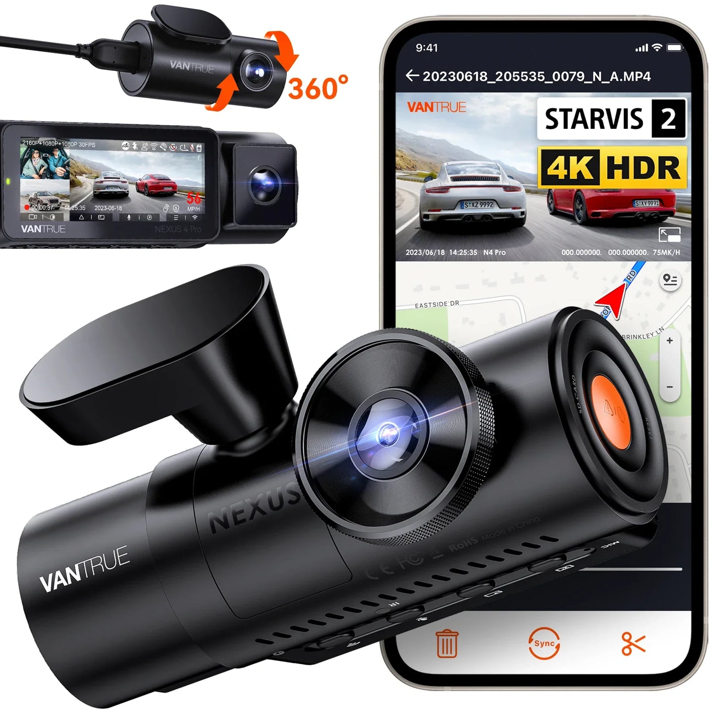 Vantrue N4Pro Dashcam 4K Wi-Fi 3-Channel Dashcam Voice Control IMX678 Night Vision HDR GPS Cam 24h Packing Mode Camera for Car
