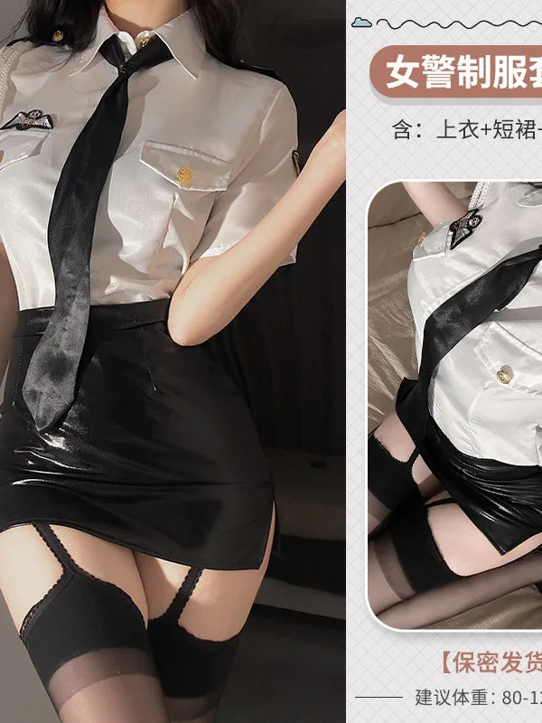 Sexy Flight Attendant Role-Play Set – Black Leather Wrap Skirt & Turn-Down Collar Short Sleeve Top - Premium costume from Lizard Vigilante - Just $19.99! Shop now at Lizard Vigilante