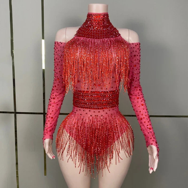 Red Rhinestone Fringe Bodysuit - Dazzle the Stage - Premium  from Lizard Vigilante - Just $98.88! Shop now at Lizard Vigilante