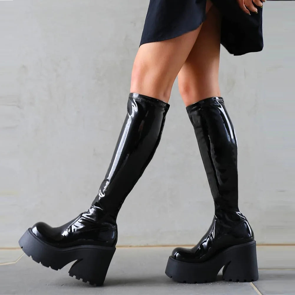 GIGIFOX Gothic Platform High Boots for Women – Black Punk Combat Motorcycle Chunky Halloween Stretch Boots - Premium platform boots from Lizard Vigilante - Just $53.88! Shop now at Lizard Vigilante