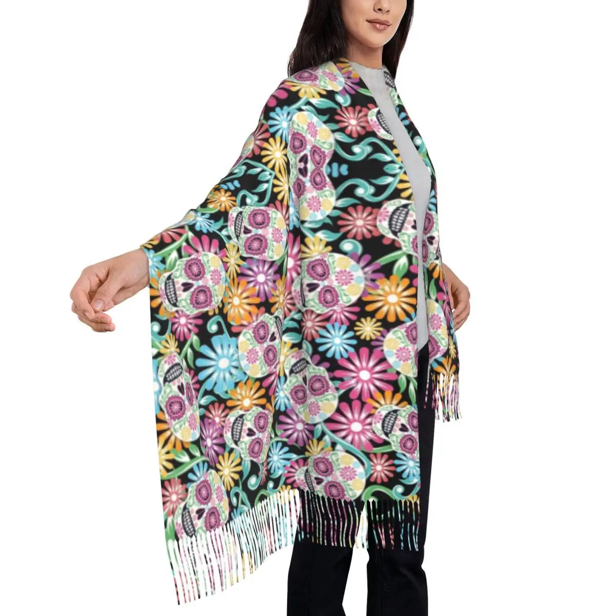 Day of the Dead Sugar Skull Colorful Flower Scarf – Warm Pashmina Shawl, Wrap for Women - Premium scarf from Lizard Vigilante - Just $23.66! Shop now at Lizard Vigilante