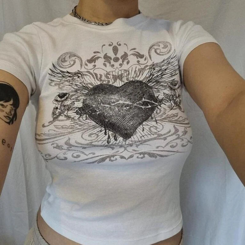 2000s Aesthetic Mall Goth E-girl Gothic T-shirt Retro Y2K Grunge Skull Wing Crop Tops Indie Graphic Print Short Sleeve Tee Women - Premium T-Shirt from Lizard Vigilante - Just $29.99! Shop now at Lizard Vigilante