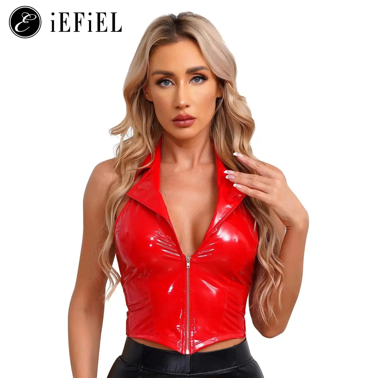 Womens Wet Look Leather Deep V Neck Halter Backless Crop Tank Tops Desirable Camisole Vest for Club Party Festival Raves Clubwear - Lizard Vigilante