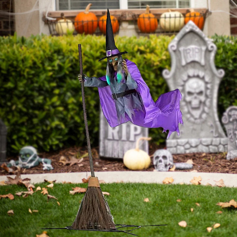 Halloween Props with Terrifying Sounds and Lights Fun Costumes Flying Scary Witch Broom Wizard Decor for Garden Yard Lawn Indoor